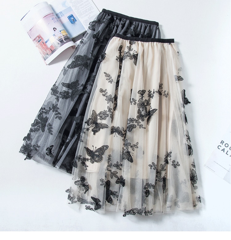 Long Tulle Skirt Women Vintage Butterfly Embroidery Elastic High Waist A-Line Mesh Pleated Skirt Female Midi Skirt Faldas Jupe