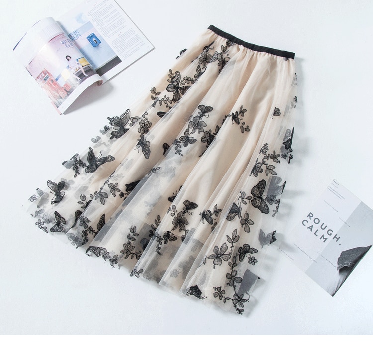 Long Tulle Skirt Women Vintage Butterfly Embroidery Elastic High Waist A-Line Mesh Pleated Skirt Female Midi Skirt Faldas Jupe