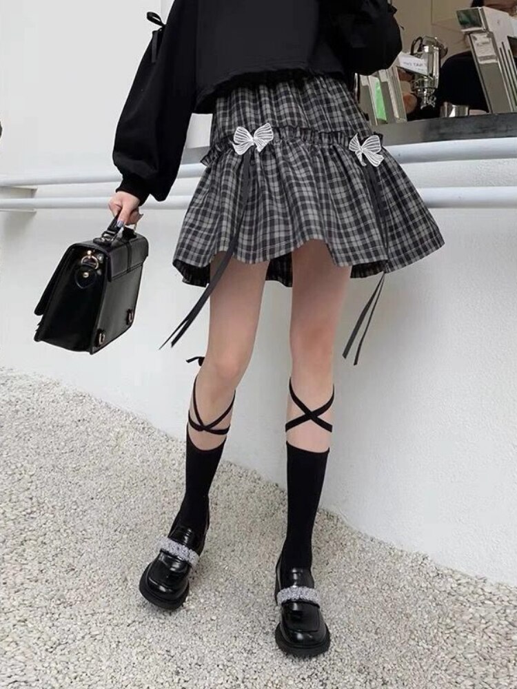HOUZHOU Kawaii Gothic Lolita Plaid Skirt Women Goth Bow Black High Waist A-line Mini Skirts Japanese Style Harajuku Soft Girl