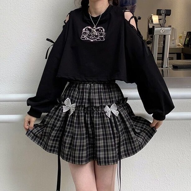 HOUZHOU Kawaii Gothic Lolita Plaid Skirt Women Goth Bow Black High Waist A-line Mini Skirts Japanese Style Harajuku Soft Girl