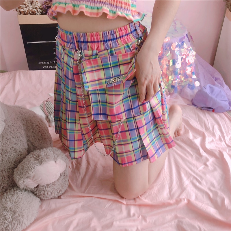 2022 Summer Plaid Y2k Kawaii Pink Woman Mini Skirts Aesthetic A Line Pleated Harajuku Gothic Rainbow Sexy Club Women's Skirts