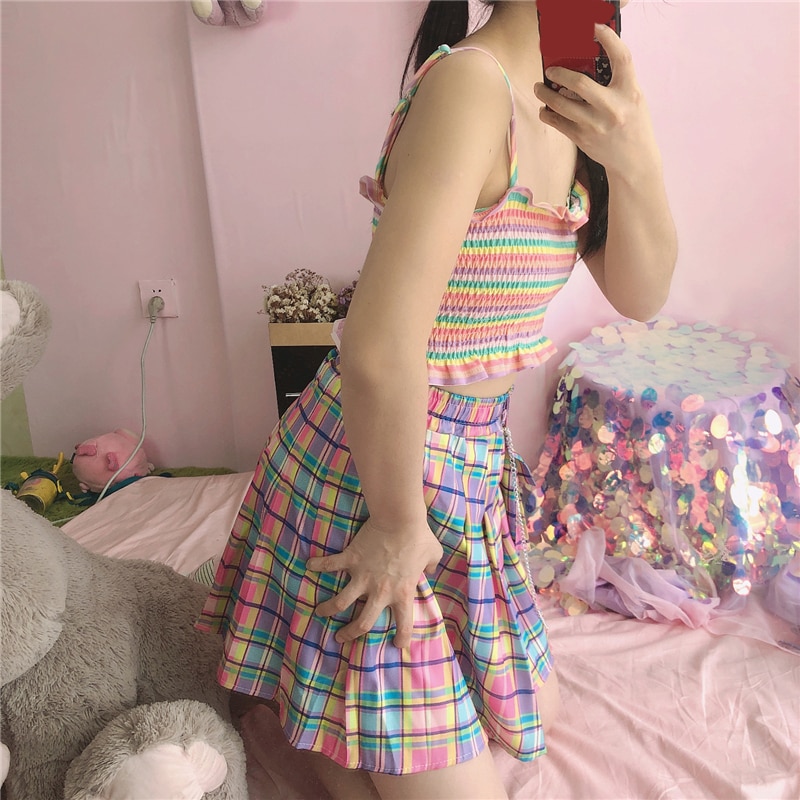 2022 Summer Plaid Y2k Kawaii Pink Woman Mini Skirts Aesthetic A Line Pleated Harajuku Gothic Rainbow Sexy Club Women's Skirts
