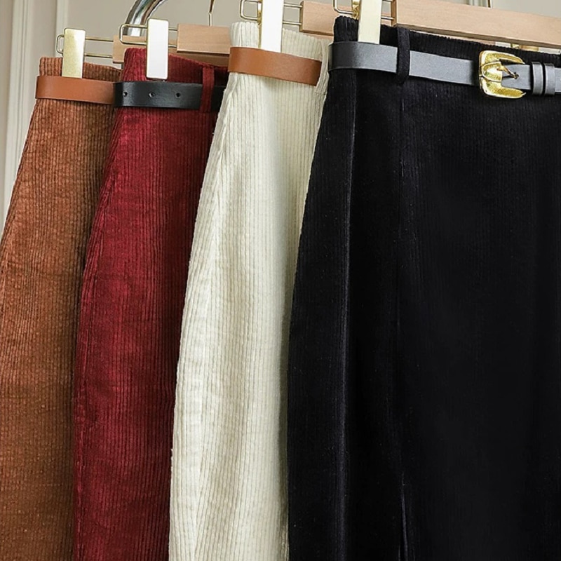 Hebe&Eos Vintage Women's Skirt With Side Slit Midi Skirts A-line Hight Waist Sashes Elegant Korean Fashion Corduroy Black Skirt