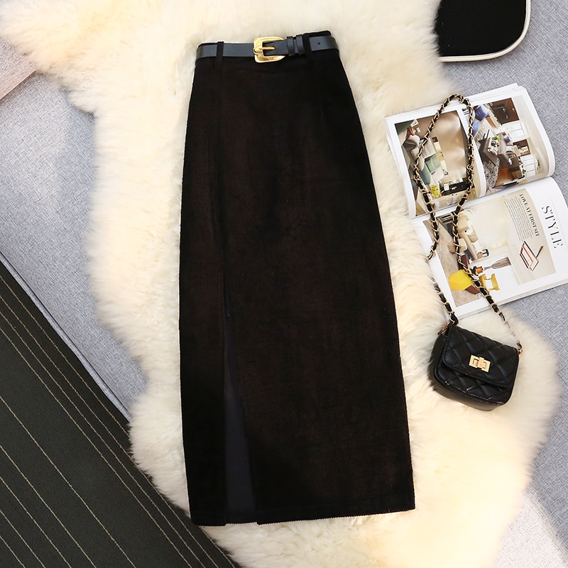 Hebe&Eos Vintage Women's Skirt With Side Slit Midi Skirts A-line Hight Waist Sashes Elegant Korean Fashion Corduroy Black Skirt