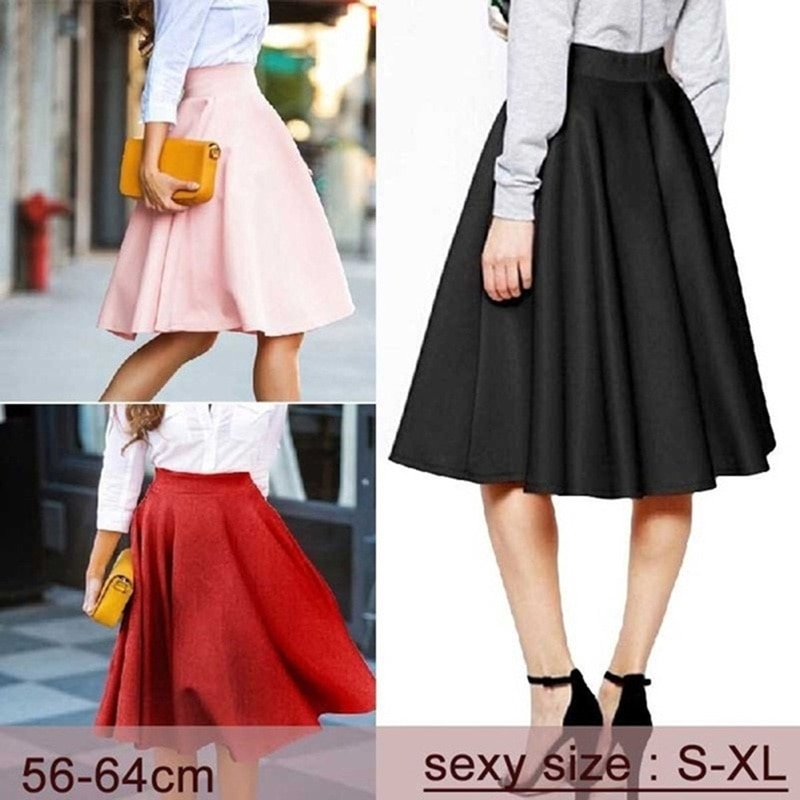 Summer Skirts Womens Solid Causal High Waist Pleated Skirt Midi Skirt A Line Skirts Faldas Mujer Moda 2021 Jupe Femme Clothing