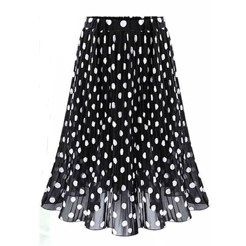 Women's Black White Tulle Polka Dot Chiffon Pleated Summer Skirts Casual Vintage Korean Midi Flared For Ladies Elastic Elegant