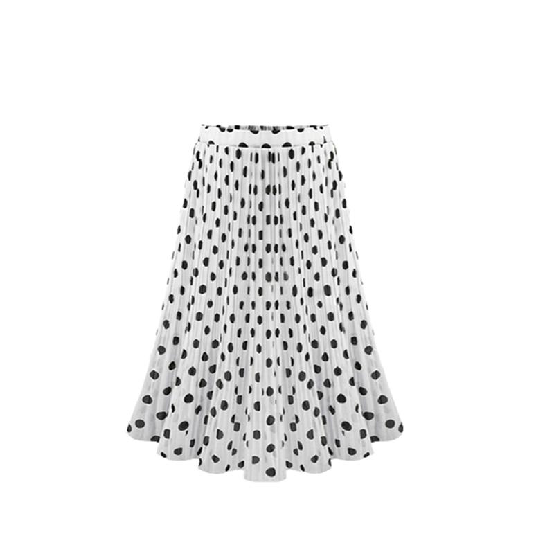 Women's Black White Tulle Polka Dot Chiffon Pleated Summer Skirts Casual Vintage Korean Midi Flared For Ladies Elastic Elegant