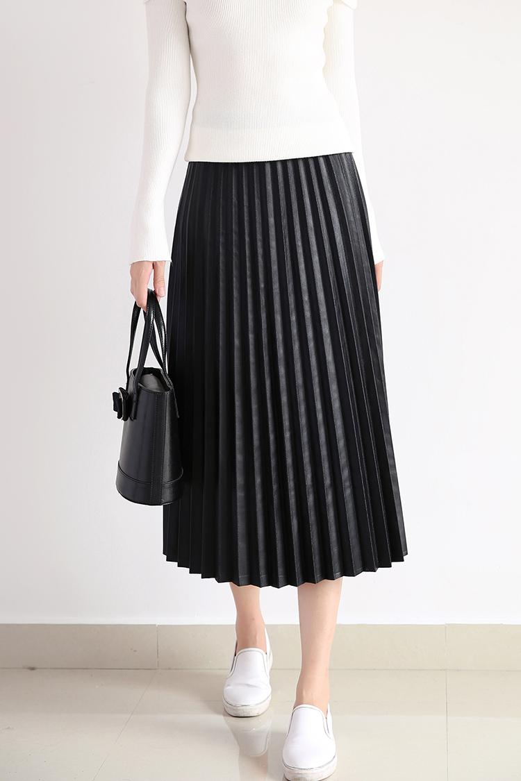 Ropa De Mujer 2021 Elegant Fashion Women Full-length Genuine Leather 75cm Long Pleated Skirt Lady Nappa Street Black Jupe Faldas
