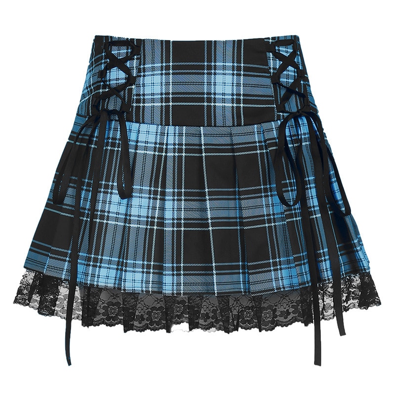 Lace Up Goth Y2K Woman Skirts Pink Stripe Plaid Lace Trim Pleated School Skirt Punk Dark Academia Aesthetic E Girl Clothes