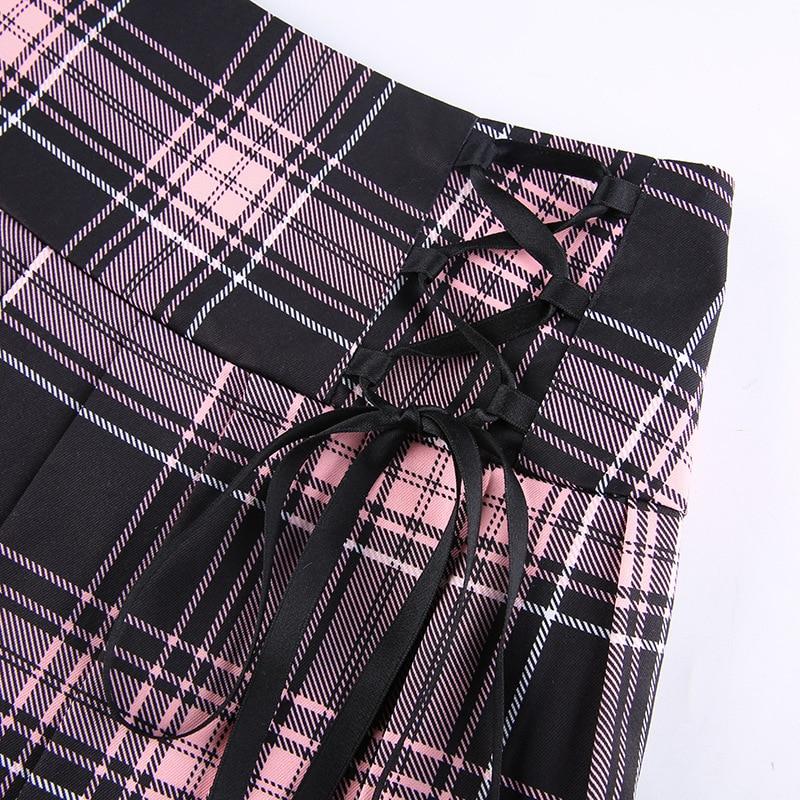 Lace Up Goth Y2K Woman Skirts Pink Stripe Plaid Lace Trim Pleated School Skirt Punk Dark Academia Aesthetic E Girl Clothes