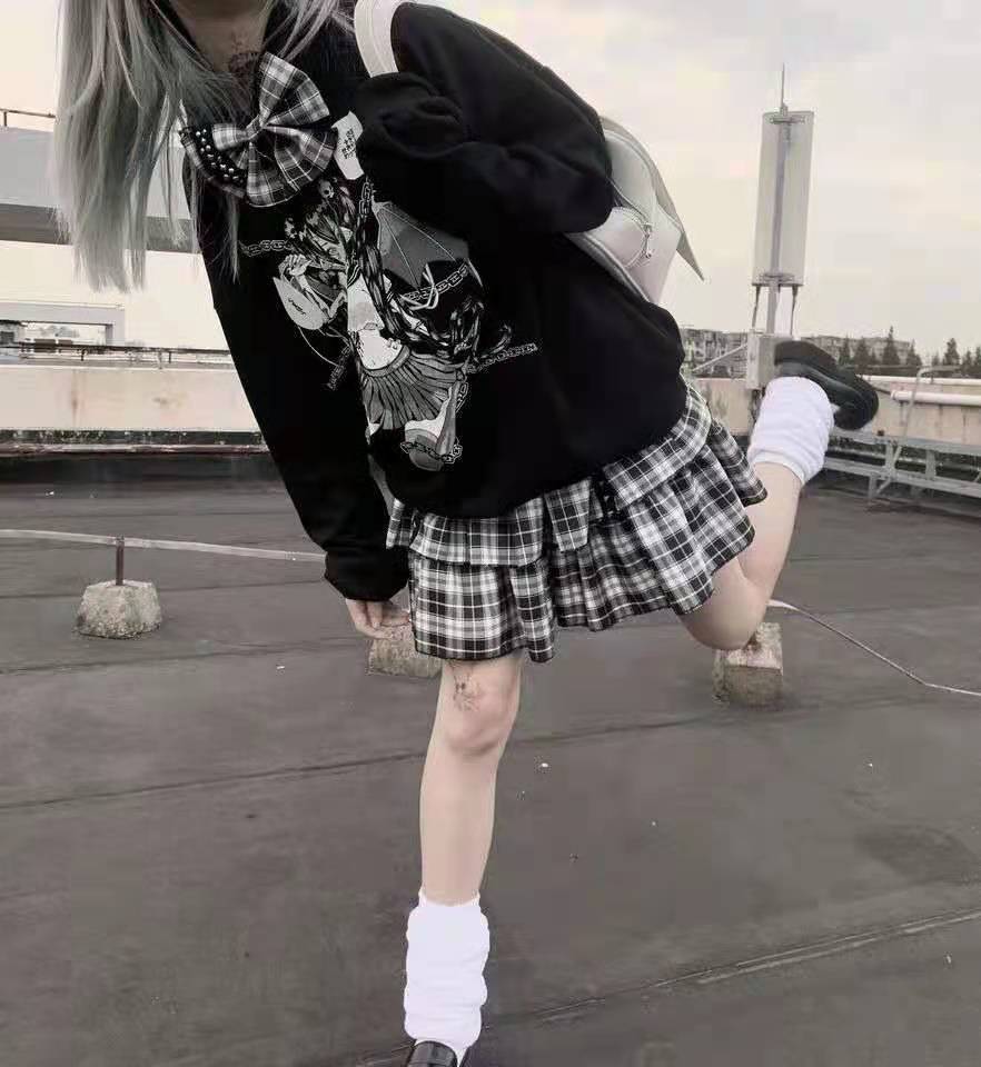 HOUZHOU Gothic Mall Goth Plaid Skirt Women Harajuku Punk Rivet Black Double-layer High-waisted Mini Skirts Dark Academia Grunge