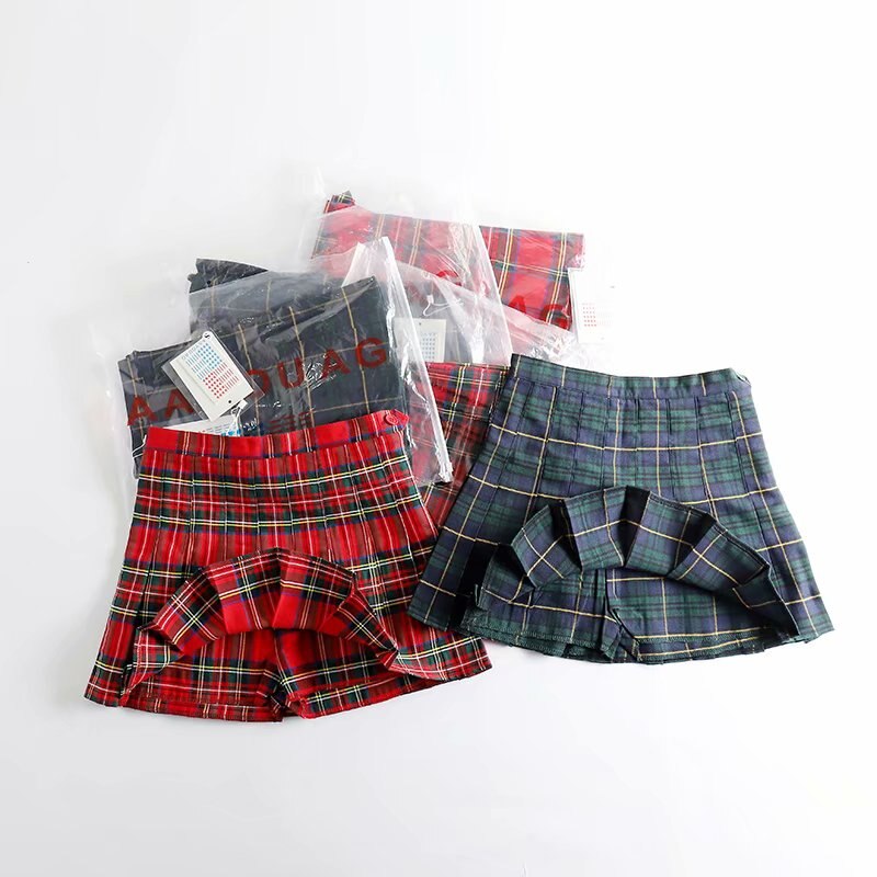 Women Preppy Style Check Pleated Skirts with Safety Shorts Plaid Mini Skirts High Waist Pleated Skirt