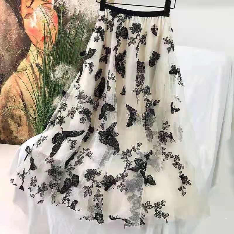 Butterfly Embroidery Gauze Skirt New Large Skirt In The Long Skirt Pleated Bud Silk A-line Fairy Dress