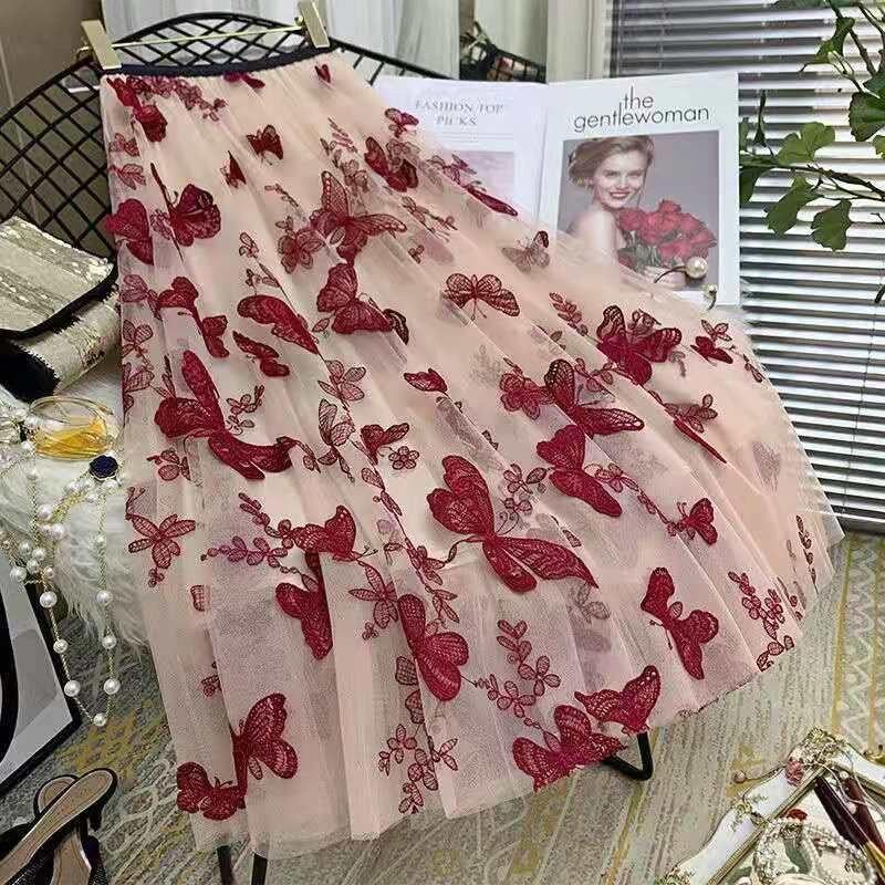 Butterfly Embroidery Gauze Skirt New Large Skirt In The Long Skirt Pleated Bud Silk A-line Fairy Dress