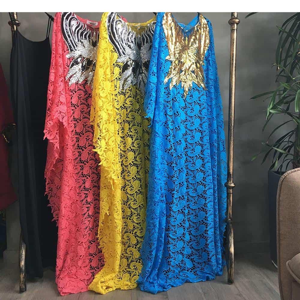 Super size African dresses for women Dashiki Boubou fashion Water-soluble lace loose skirt beaded embroidery long africa dress