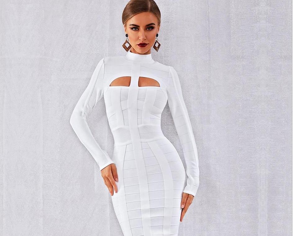 Adyce 2022 New Autumn Women White Bodycon Bandage Dress Long Sleeve Sexy Hollow Out Club Celebrity Evening Party Dress Vestidos
