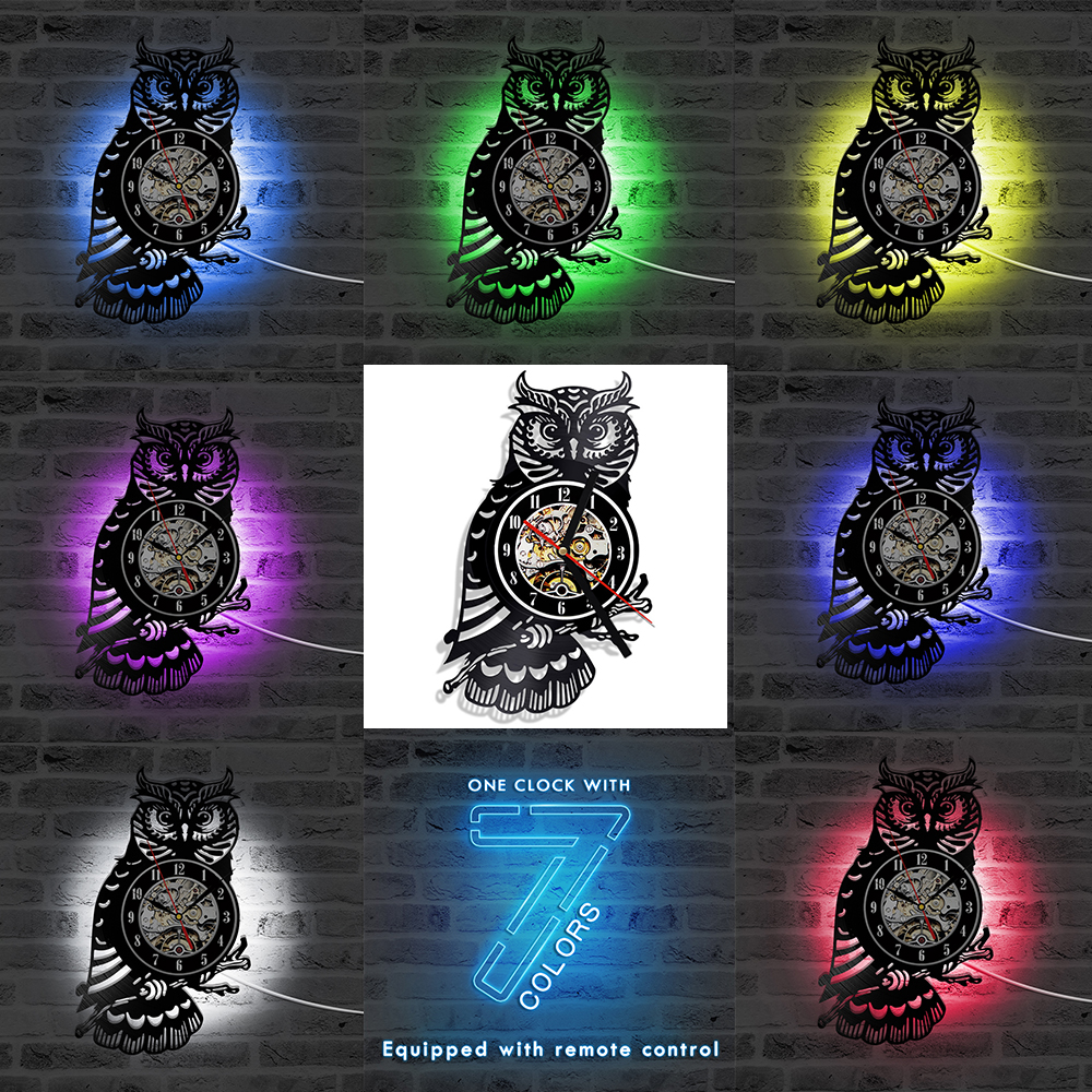 Owl Wall Clock Owl Vinyl Record Wall Clock with Illuminated LED Light Living room Home Decoration Gift reloj de pared relojes