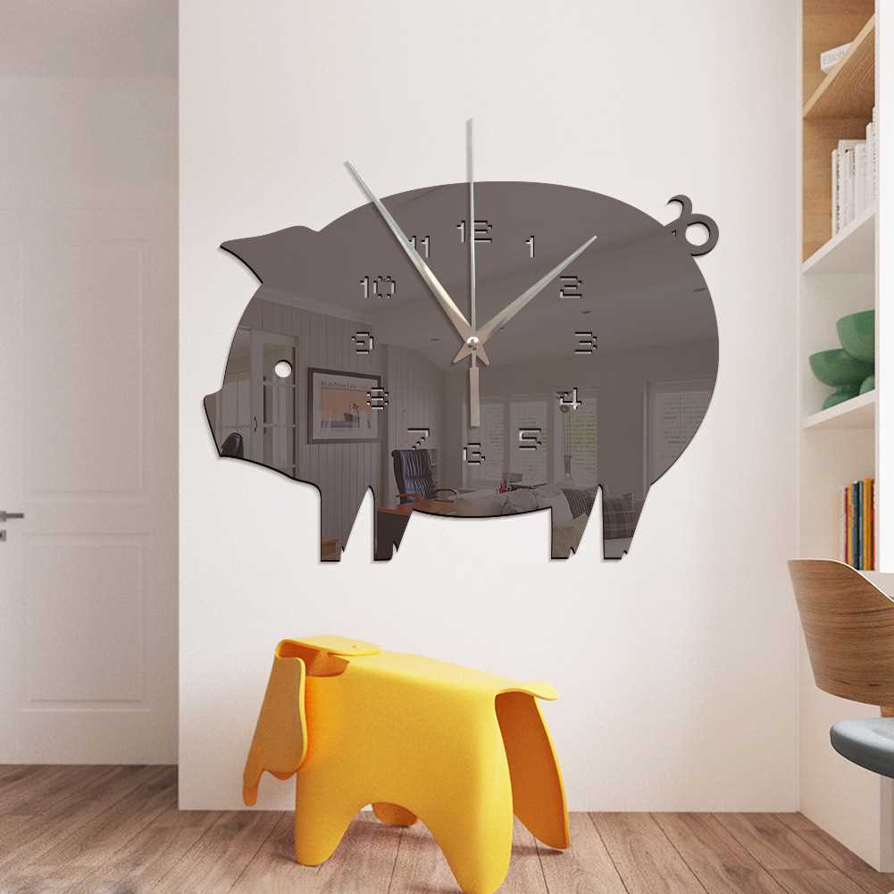 Home Living Room Bedroom Creative Cute Animal Pig Pig Acrylic Mirror Sticker Clock Living Room Kitchen Bedroom Study Decoration
