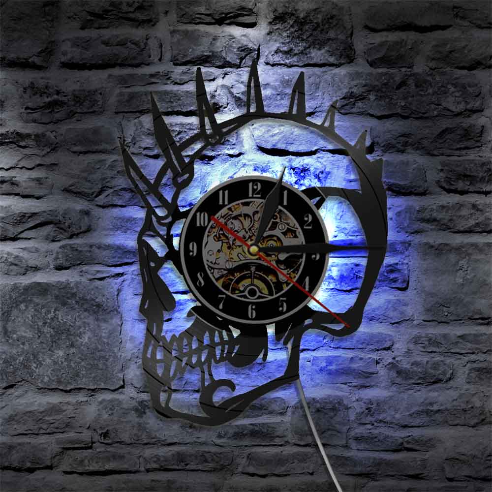 Tattoos Skull Vinyl Record Wall Clock Skull Wall Clock Modern Design with LED Light Halloween Nightmare Christmas Home Decor