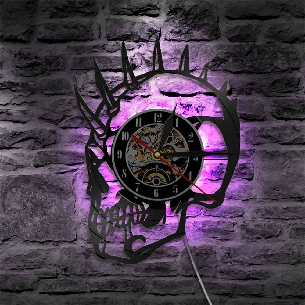 Tattoos Skull Vinyl Record Wall Clock Skull Wall Clock Modern Design with LED Light Halloween Nightmare Christmas Home Decor