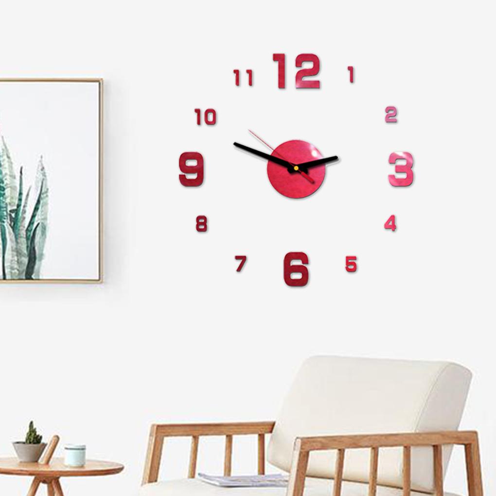 Self-Adhesive 3D Wall Clock Mirror Sticker Home Living Room Decorative DIY Acrylic Clock - Red