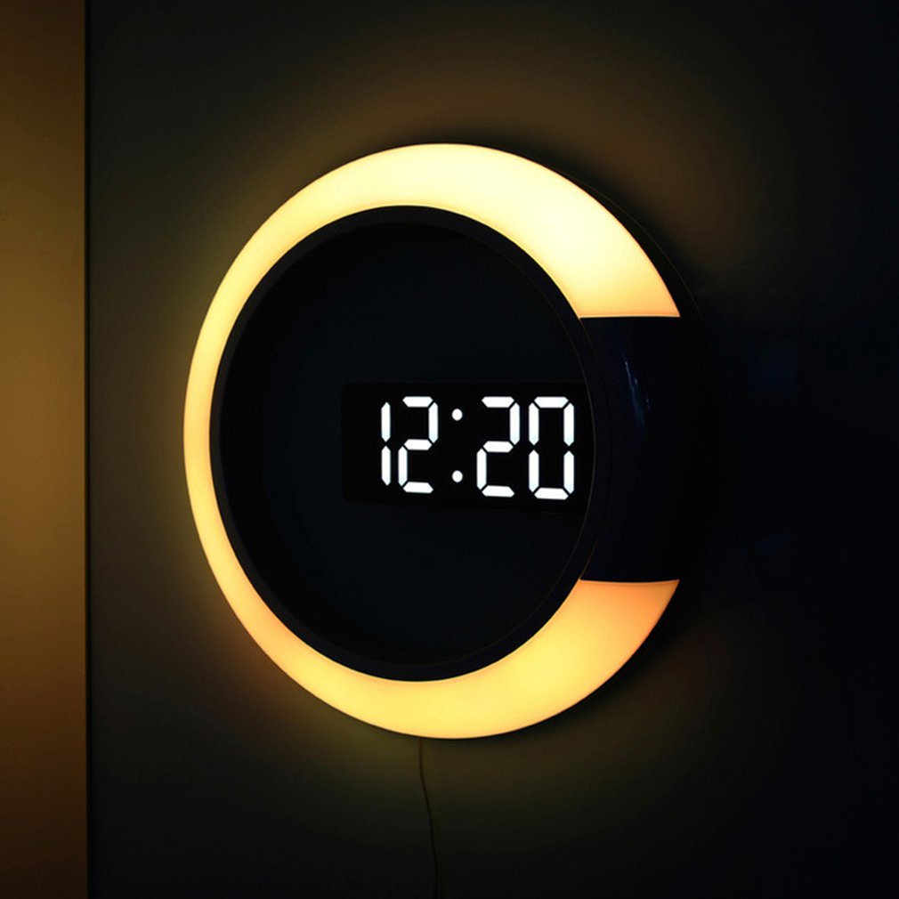 LED Mirror Hollow Wall Clock Modern Minimalist Creative Alarm Clock 7-color Electronic Digital Display Wall Clock