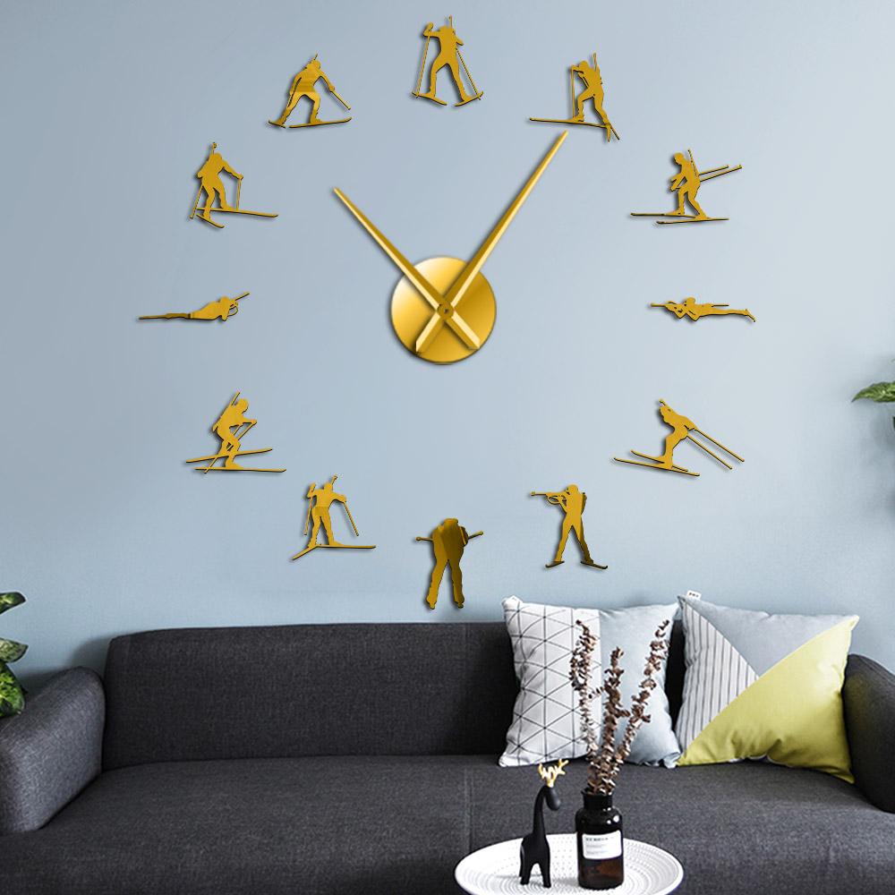 Ski People Diy Giant Wall Clock Decor For Home Winter Sport Biathlon Quartz Clock Quiet Sweep Skiing Wall Sticker Watch Art Gift