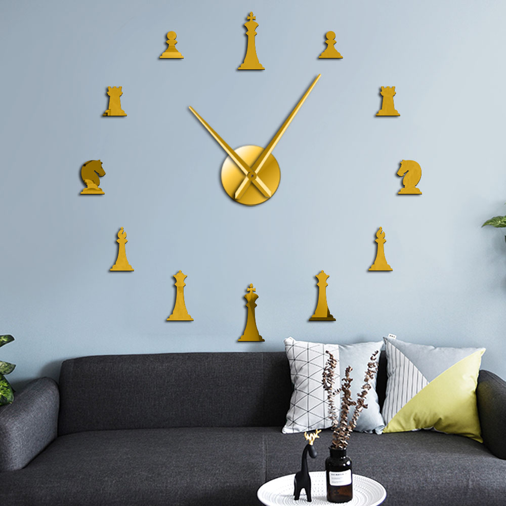 3D Chess Pieces King Bishop Knight Pawn Parlor Game DIY Mute Wall Clock Chessman Stickers Watch Chess Player Gifts