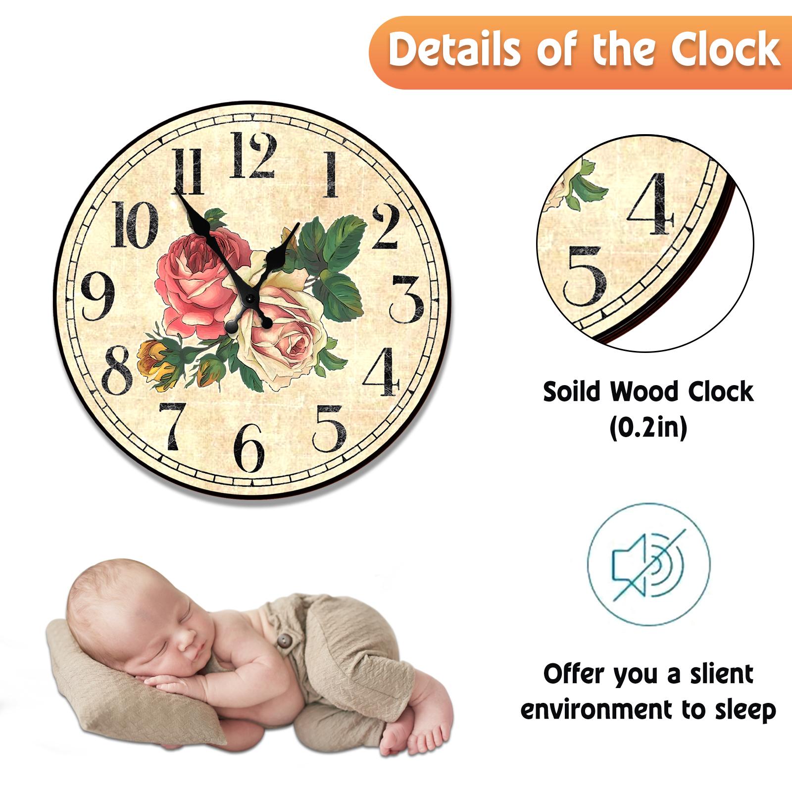 Home Vintage French Kitchen Large Wooden Wall Clock Silent Non-Ticking Quartz Round Wood Wall Clock Modern Design Wall Art Clock
