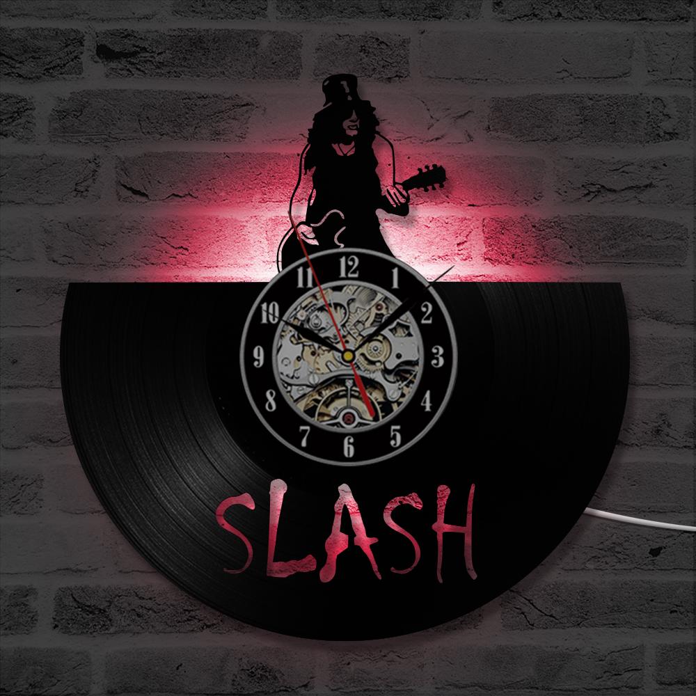 Guns N Rose Slash Vinyl Record Wall Clock Music Theme 3D Stickers Rock Band Vinyl Clock LED Wall Watch Modern Design Home Decor