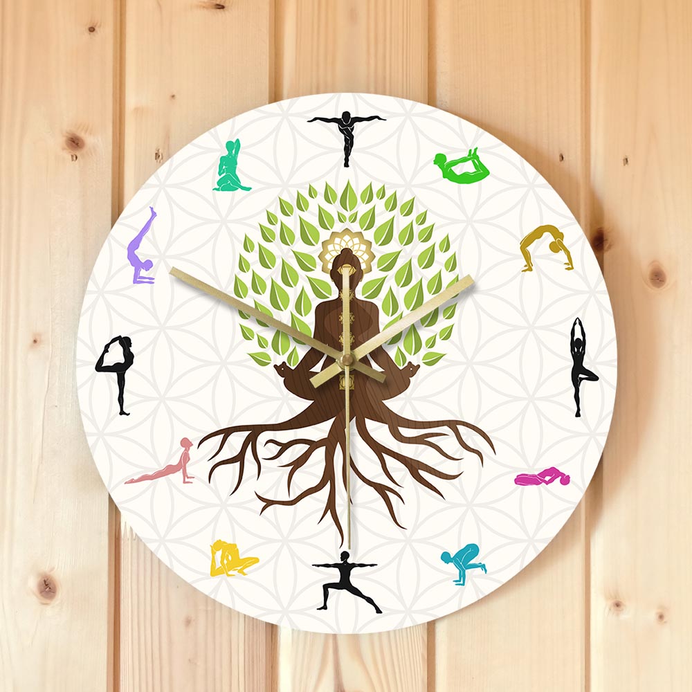 Yoga Studio Tree Of Life Colorful Wall Watch Clock Natural Energy For Meditation Silent Horloge Klok Lotus Pose Tree Watch