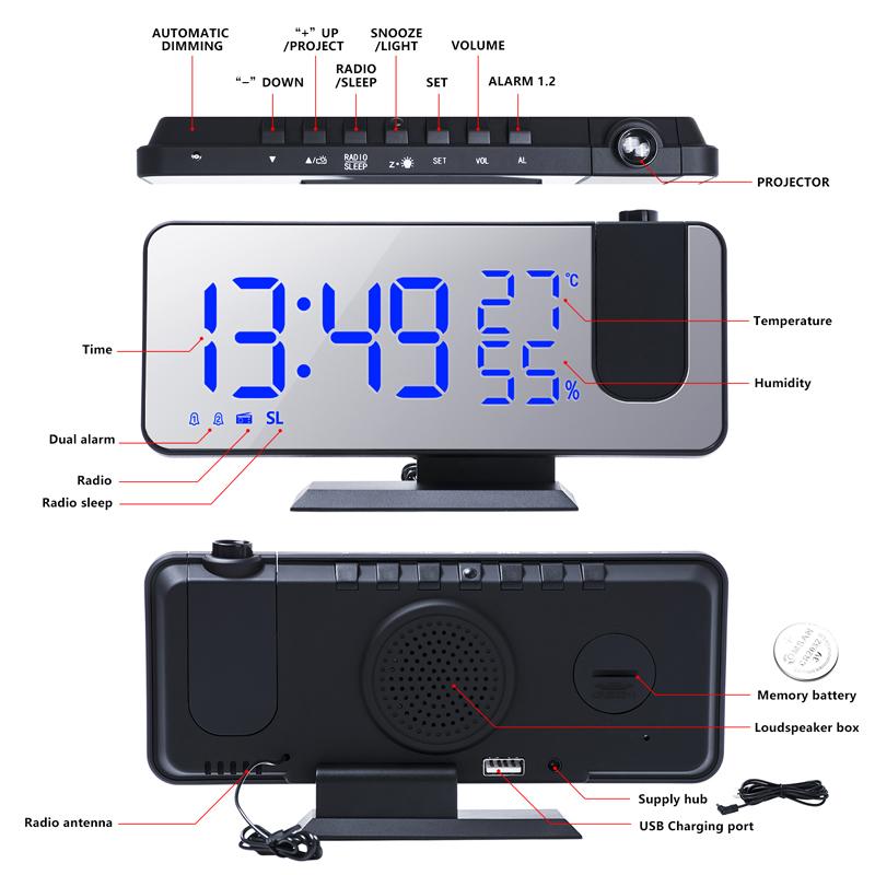 LED Digital Alarm Clock Table Watch Electronic Desktop Clocks USB Wake Up FM Radio Time Projector Snooze Function 2 Alarm