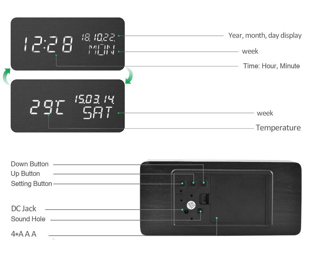 JINSUN Table Clock Sound Control Desktop Luminous Alarm Clock for Children Wooden Calendar Modern Adjustable Brightness