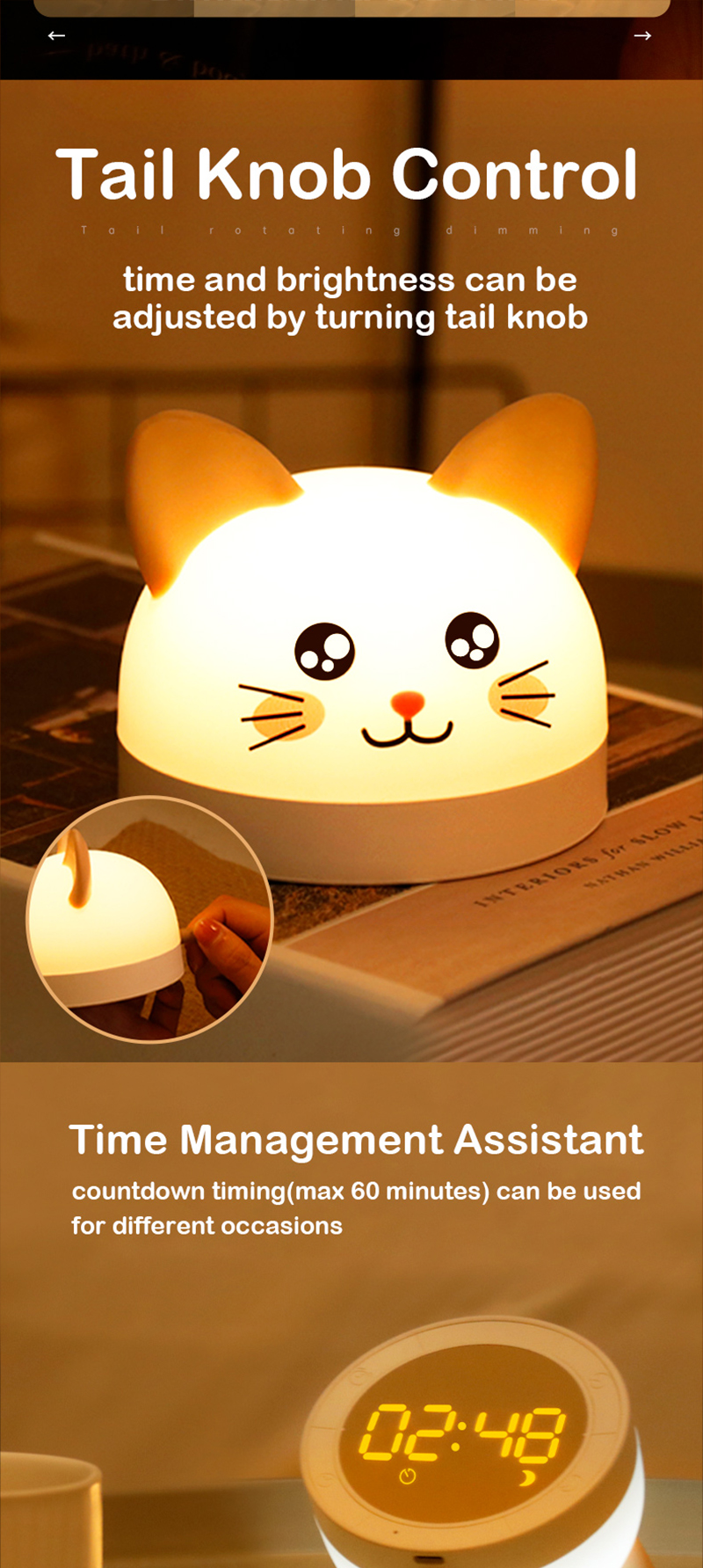 Cute Cat Alarm Clock For Children With 2 Colors LED Lamp Timer Snooze Rechargeable Night Light Christmas Kids Gifts