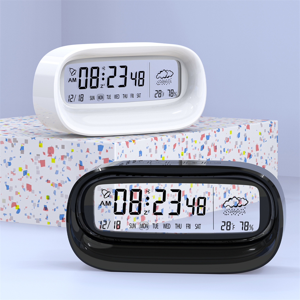 Desk LCD Digital Clock Thermometer Nightstand Calendar Temperature Humidity Meter Alarm Home Office Snooze Mode Plastic Clocks