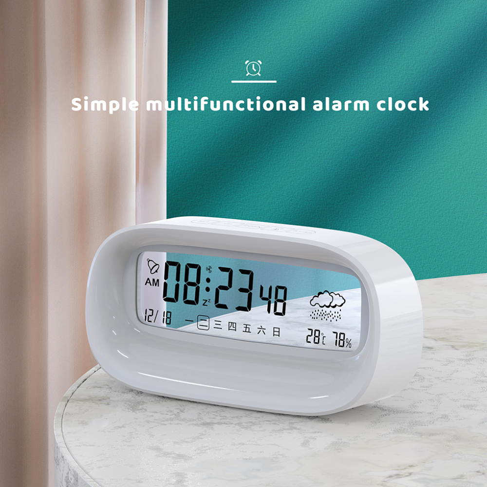 Desk LCD Digital Clock Thermometer Nightstand Calendar Temperature Humidity Meter Alarm Home Office Snooze Mode Plastic Clocks