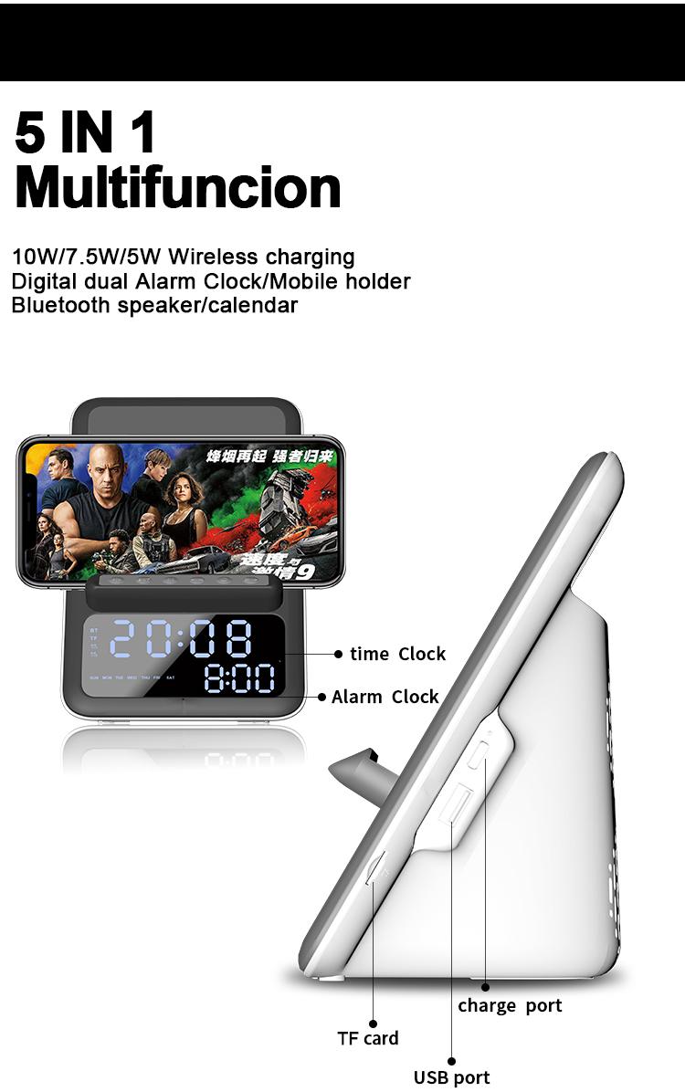 Digital Alarm Clock Wireless Charger Bluetooth Speaker Electronic LED Smart Digital Desktop Clock Fm Radio USB Fast Charging