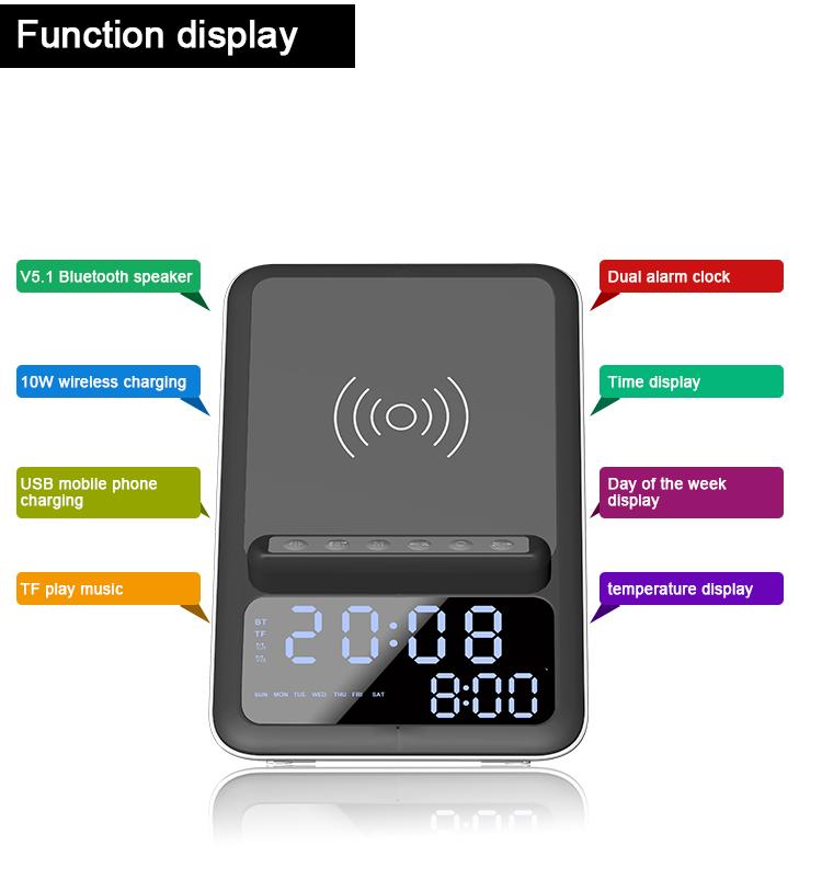 Digital Alarm Clock Wireless Charger Bluetooth Speaker Electronic LED Smart Digital Desktop Clock Fm Radio USB Fast Charging