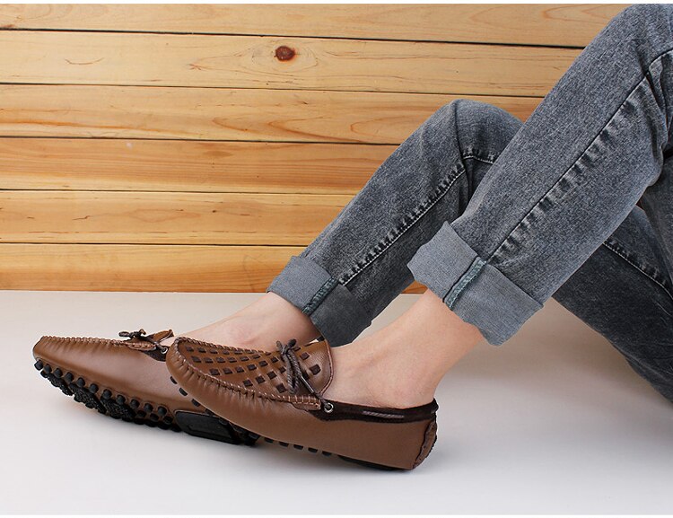 Leather Men Shoes Casual Flats Men Shoes Breathable Loafers Genuine Leather Slip Moccasins Comfortable Checkered embossing 2019