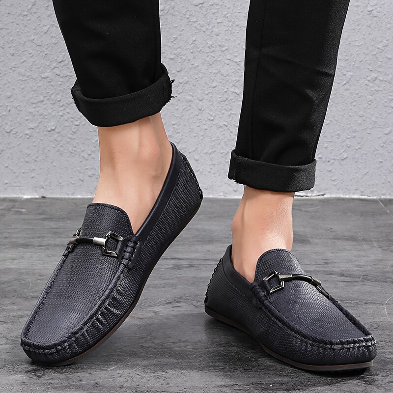 Leather Men Shoes Casual Flats Men Shoes Breathable Loafers Genuine Leather Slip Moccasins Comfortable Checkered embossing 2019