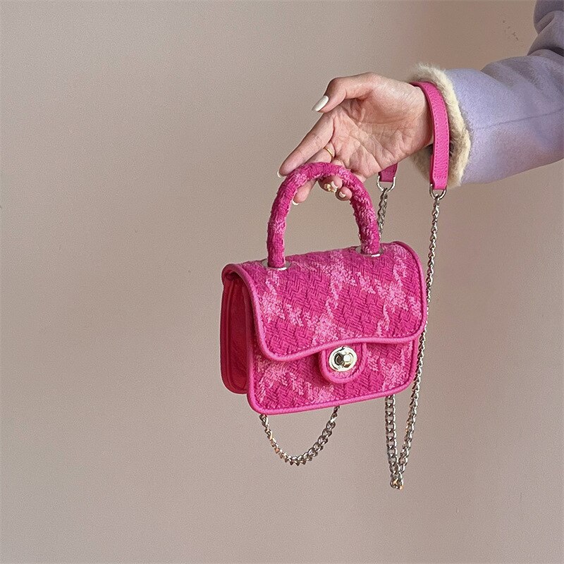 Rose Pink Women Lock Shoulder Bags Luxury Plaid Ladies Small Square Crossbody Bag Fashion Design Female Clutch Purse Handbags