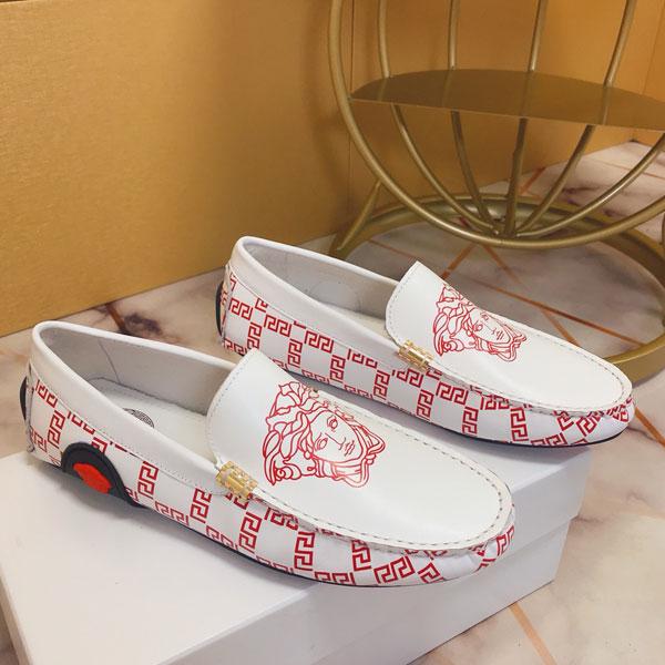 Embroidery White Versace Leather Mens Loafers
