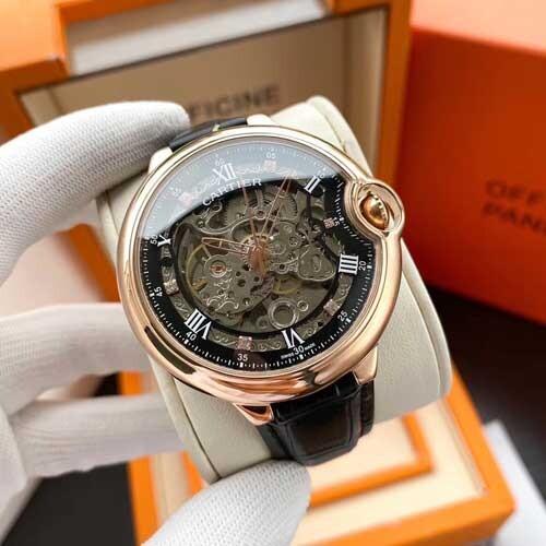 Cartier Gold Transparent Display Men Leather Wrist Watch