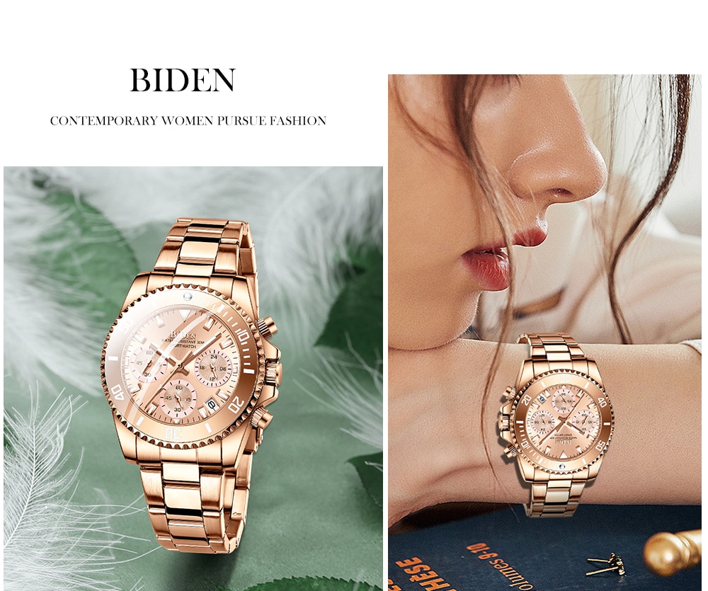 BIDEN Top Brand Luxury Women Quartz Watch True Three Eyes Chronograph Calendar Watches 12/24hours Fashion Ladies Dress Bracelet