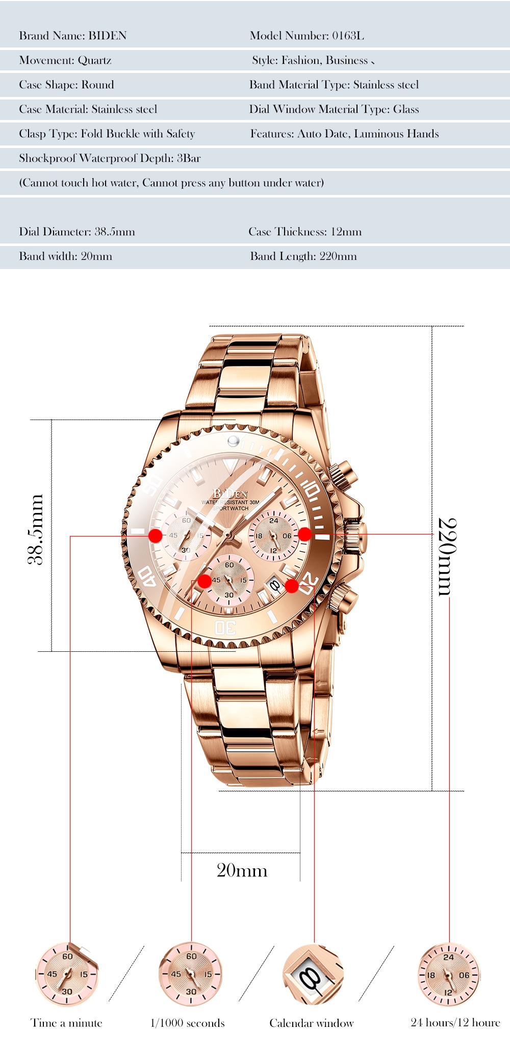 BIDEN Top Brand Luxury Women Quartz Watch True Three Eyes Chronograph Calendar Watches 12/24hours Fashion Ladies Dress Bracelet