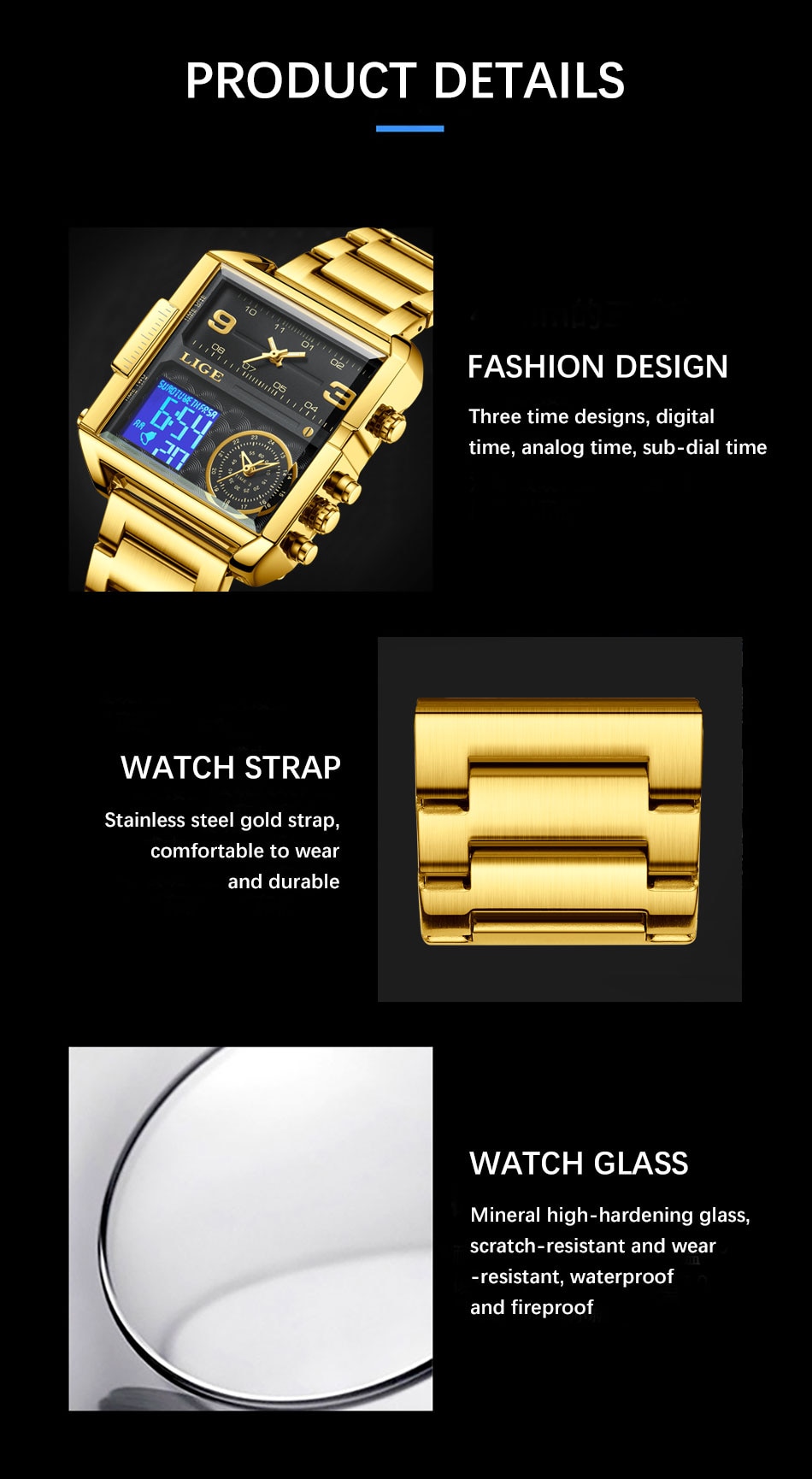 LIGE Luxury Original Men Sports Wrist Watch Gold Quartz Steel Waterproof Dual Display Clock Watches Relogio Masculino For Men