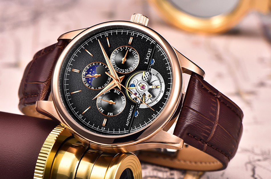 Relogio Masculin LIGE New Mens Watches Top Brand Luxury Automatic Mechanical Watch Men Leather Waterproof Watch Week Clock+Box