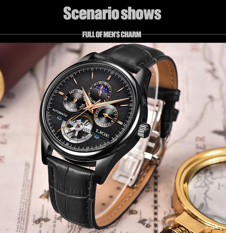 Relogio Masculin LIGE New Mens Watches Top Brand Luxury Automatic Mechanical Watch Men Leather Waterproof Watch Week Clock+Box