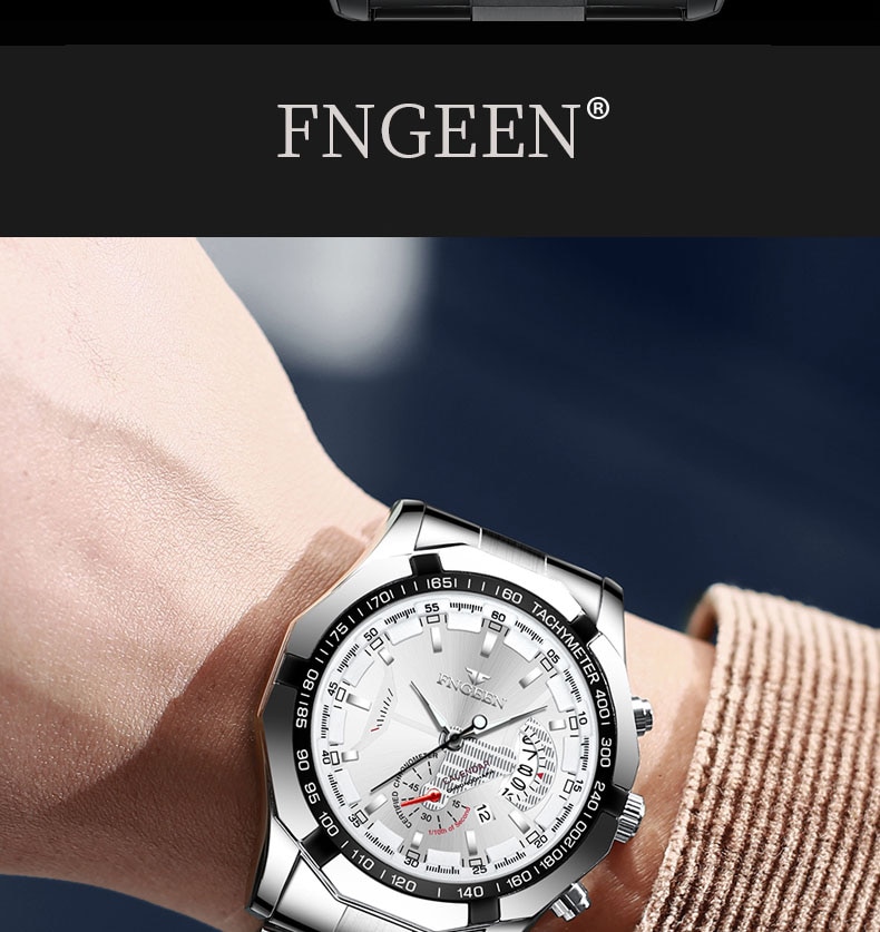 FNGEEN Luxury Men's Watches Stainless Steel Band Fashion Waterproof Quartz Watch For Man Calendar Male Clock Reloj Hombre S001