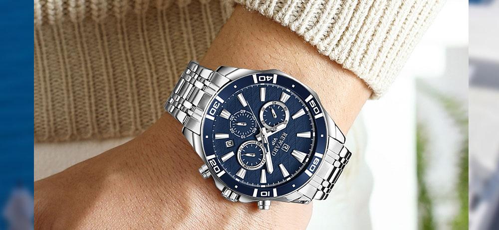 REWARD Mens Watches Waterproof Luminous Sport Stopwatch Big Dial Quartz Clock Stainless Steel Business Wristwatch for Men